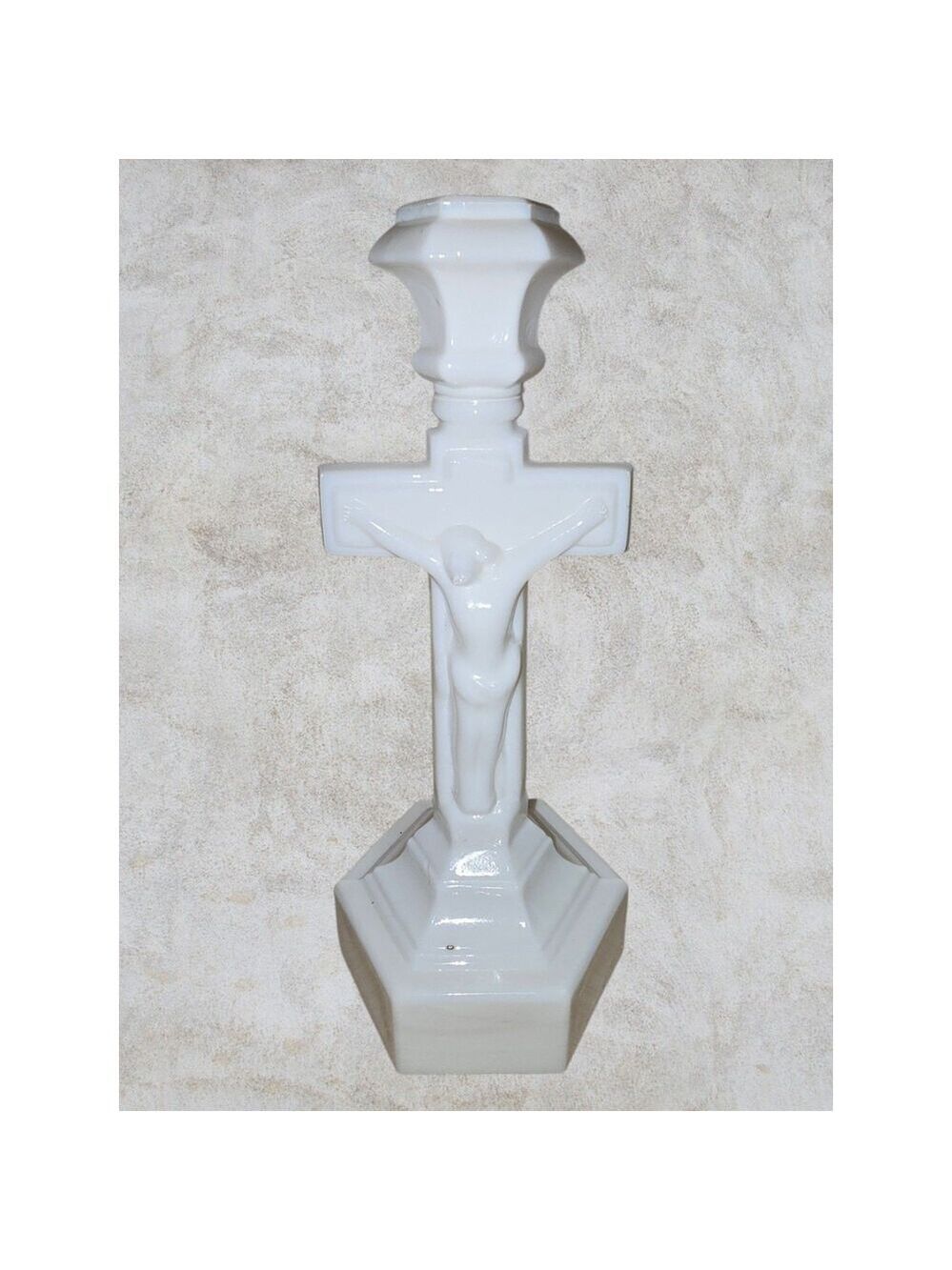 Vintage‎ Milk Glass Jesus Crucifix Taper Candle Holder Hexagonal Base 10" Cross